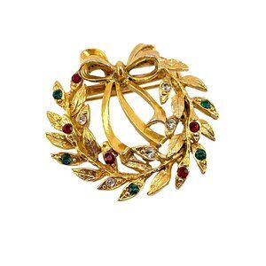 Vintage Gold-Tone Wreath Brooch With Multicolor Rhinestones & Bow Accent